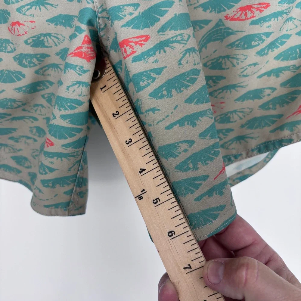 AFTCO Swim‎ Trunks Mens S Tan Green Pink Fish Print Boatbar Shorts Fishing Beach